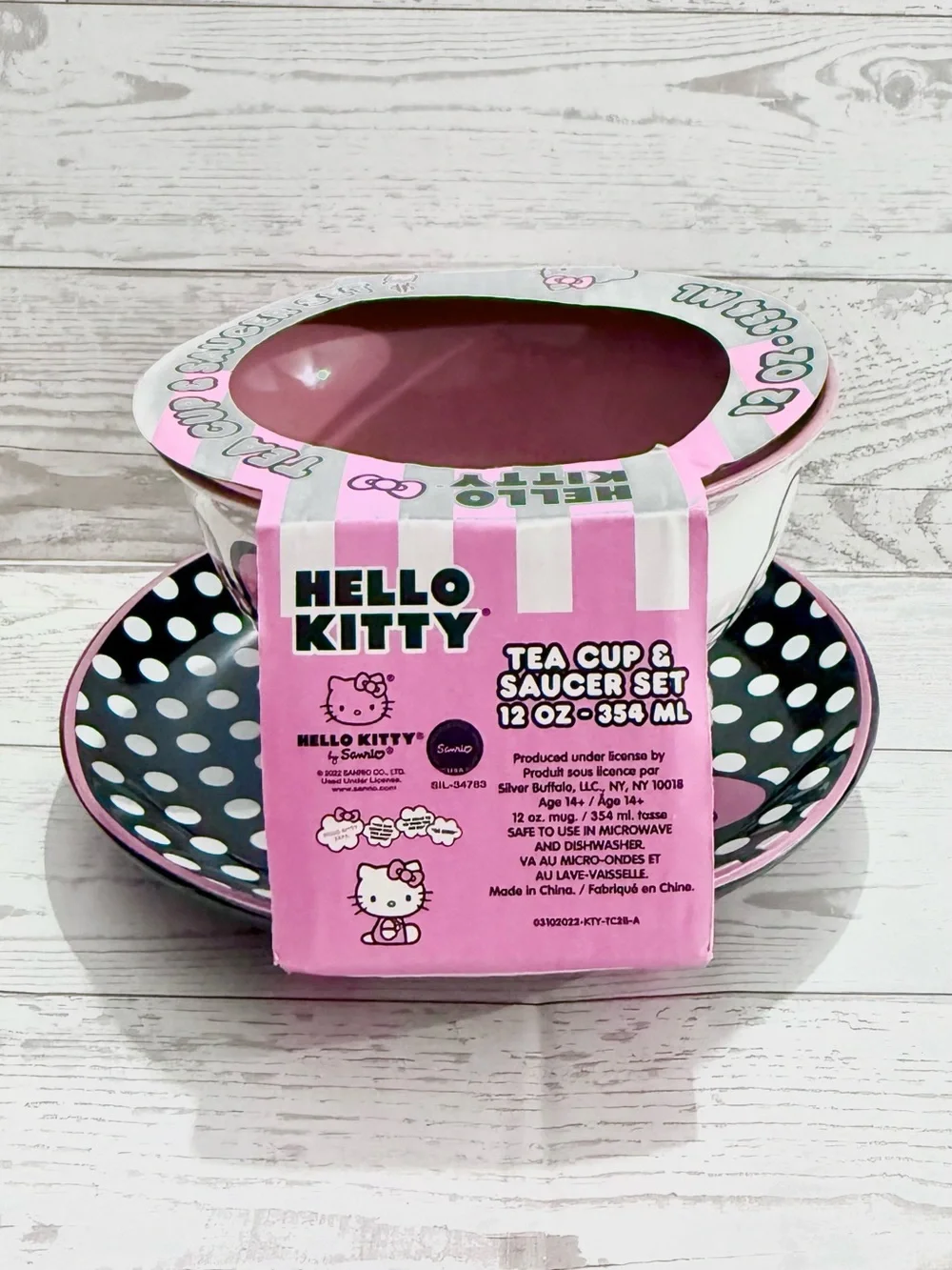 Hello Kitty Pink White and Black Ceramic Tea Cup and Saucer Set Microwave Safe
